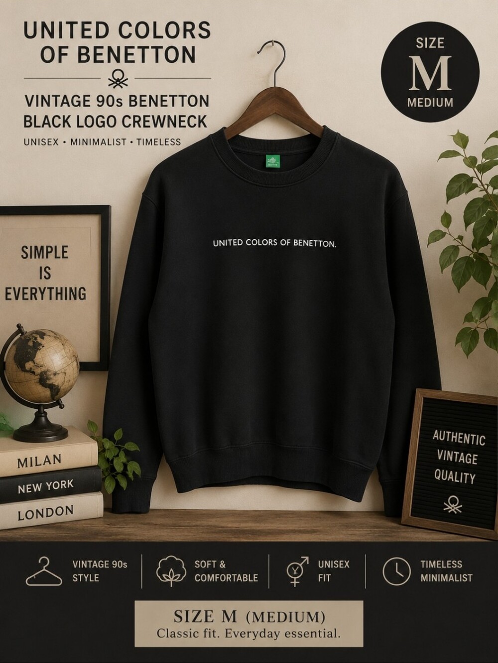 Vintage 90s Benetton Black Logo Crewneck Unisex Minimalist